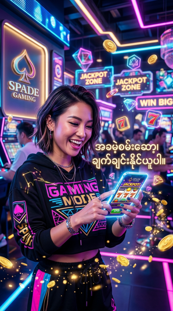 Spade Gaming အွန်လိုင်းစလော့ဂိမ်းများကို မိုဘိုင်းဖုန်းဖြင့် အခမဲ့စမ်းသပ်ဆော့ကစားနိုင်ပြီး အပ်ငွေမလိုဘဲ ဘောနပ်စ်နှင့် ဖရီးစပင်များ ရယူနိုင်မည့် အခွင့်အရေးကို ဖော်ပြထားသော ဆွဲဆောင်မှုရှိသည့် ပုံရိပ်ဖြစ်ပါသည်။