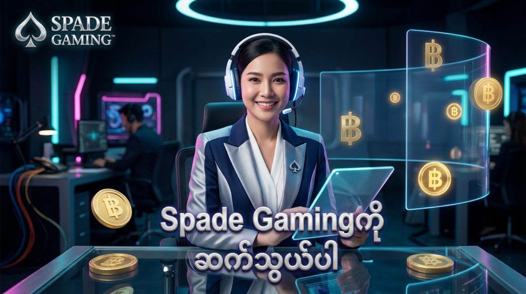 Spade Gaming ၏ ၁၀၀ ရာခိုင်နှုန်း အွန်လိုင်းအကူအညီပေးရေးဝန်ဆောင်မှုကို ဖော်ပြထားသည့် ရုပ်ပုံဖြစ်ပါသည်။ ထိုင်းအမျိုးသမီး တင်ဆက်သူနှင့်အတူ လုံခြုံမြန်ဆန်သော ဒစ်ဂျစ်တယ်ဆက်သွယ်ရေးစနစ်များ၊ ၂၄ နာရီ ဝန်ဆောင်မှုသင်္ကေတများနှင့် ခေတ်မီနည်းပညာသုံး အထောက်အကူပြုပစ္စည်းများကို မြင်တွေ့ရမည်ဖြစ်ပါသည်။