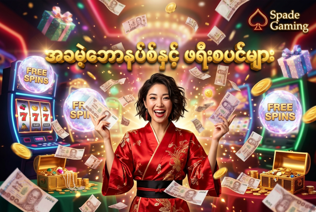Spade Gaming ၏ အခမဲ့စမ်းသပ်ဆော့ကစားခွင့်၊ သွင်းငွေမလိုဘောနပ်စ်နှင့် ဖရီးစပင်ကမ်းလှမ်းချက်များကို ဖော်ပြထားသည့် ဆွဲဆောင်မှုရှိသော ရုပ်ပုံဖြစ်ပါသည်။ ဂျပန်အမျိုးသမီးတင်ဆက်သူနှင့်အတူ ပျံဝဲနေသော ထိုင်းဘတ်ငွေများ၊ ရွှေဒင်္ဂါးများနှင့် တောက်ပသော ဂိမ်းဆုလာဘ်များကို စိတ်လှုပ်ရှားဖွယ်ရာ မြင်တွေ့ရမည်ဖြစ်ပါသည်။