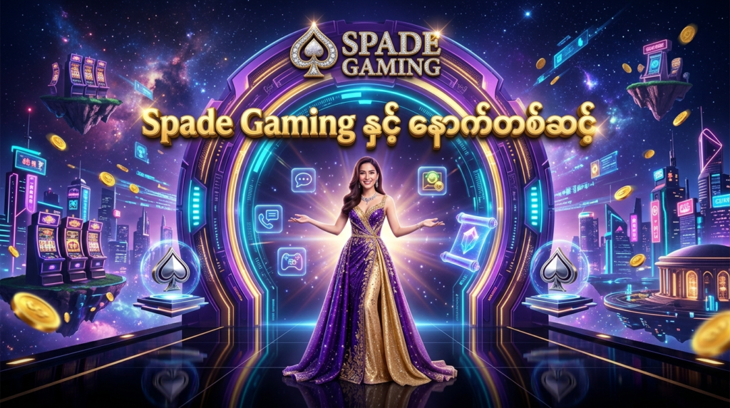 Spade Gaming ၏ နောက်ဆုံးပေါ်လမ်းညွှန်ချက်များနှင့် အွန်လိုင်းစလော့အချက်အလက်များဆီသို့ လမ်းညွှန်ပေးသည့် ခမ်းနားသောရုပ်ပုံဖြစ်ပါသည်။ ထိုင်းအမျိုးသမီးတင်ဆက်သူနှင့်အတူ အနာဂတ်ဆန်သော ဂိမ်းလောကမြင်ကွင်း၊ ရွှေရောင်အလင်းတန်းများနှင့် ဆက်သွယ်ရန် အချက်အလက်များကို ဖော်ညွှန်းထားသည့် အဆင့်မြင့်ဒီဇိုင်းဖြစ်ပါသည်။