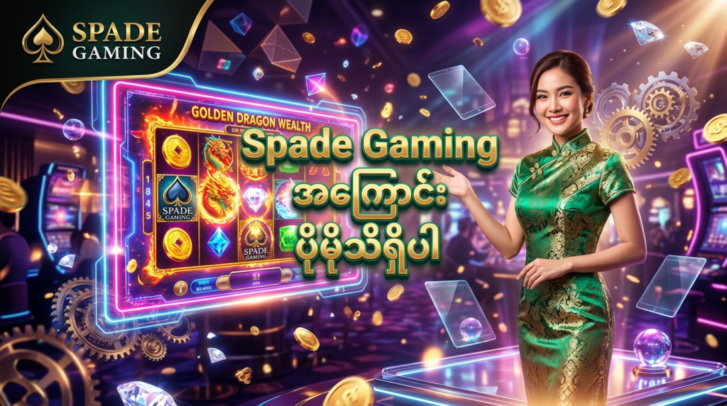 Spade Gaming ၏ အွန်လိုင်းစလော့ဂိမ်းလောကကို အသေးစိတ်ရှင်းလင်းတင်ပြထားသော အရည်အသွေးမြင့် ရုပ်ပုံဖြစ်ပါသည်။ ထိုင်းအမျိုးသမီးတင်ဆက်သူတစ်ဦးနှင့်အတူ တောက်ပသောရွှေဒင်္ဂါးများ၊ ခေတ်မီနည်းပညာသုံး ဂိမ်းစက်ဒီဇိုင်းများနှင့် ဆွဲဆောင်မှုရှိသော အရောင်အသွေးစုံလင်သည့် နောက်ခံမြင်ကွင်းကို ဖော်ပြထားပြီး ဂိမ်းကစားသူများအတွက် စိတ်ဝင်စားဖွယ်ကောင်းသော အချက်အလက်များကို ပေးစွမ်းပါသည်။