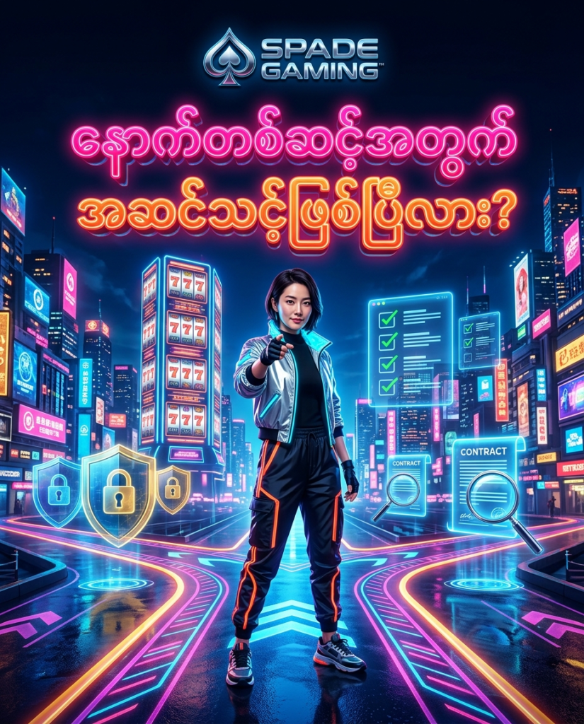 Spade Gaming နှင့်အတူ နောက်တစ်ဆင့်သို့ တက်လှမ်းရန် အဆင်သင့်ဖြစ်မဖြစ် မေးခွန်းထုတ်ထားသည့် လှုံ့ဆော်မှုပေးသော ရုပ်ပုံဖြစ်ပါသည်။ ကိုရီးယားအမျိုးသမီး တင်ဆက်သူနှင့်အတူ စည်းမျဉ်းစည်းကမ်းများကို စစ်ဆေးရန် သတိပေးချက်များ၊ ခေတ်မီနီယွန်အလင်းတန်းများနှင့် အနာဂတ်ဆန်သော ဂိမ်းကစားကွင်း မြင်ကွင်းများကို ဖော်ပြထားပါသည်။