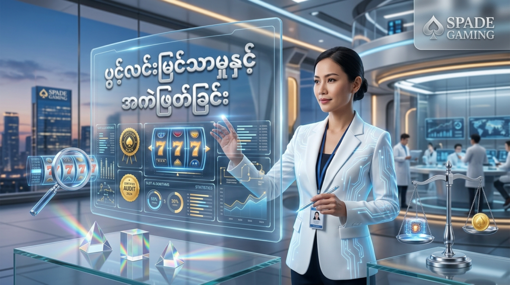 Spade Gaming ၏ ပွင့်လင်းမြင်သာမှုနှင့် စနစ်တကျအကဲဖြတ်ခြင်းဆိုင်ရာ လုပ်ငန်းစဉ်များကို ဖော်ပြထားသည့် ပရော်ဖက်ရှင်နယ်ရုပ်ပုံဖြစ်ပါသည်။ လာအိုအမျိုးသမီး ကျွမ်းကျင်ပညာရှင်တစ်ဦးနှင့်အတူ ခေတ်မီဒေတာနည်းပညာများ၊ စိတ်ချယုံကြည်ရသော စစ်ဆေးမှုသင်္ကေတများနှင့် တောက်ပသန့်ရှင်းသော နည်းပညာနယ်ပယ်ကို မြင်တွေ့ရမည်ဖြစ်ပါသည်။

